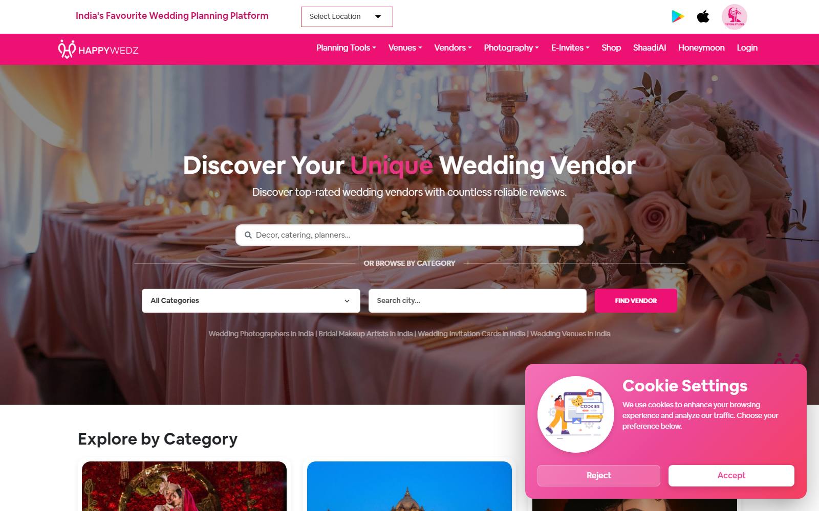 HappyWedz — wedding planning platform homepage