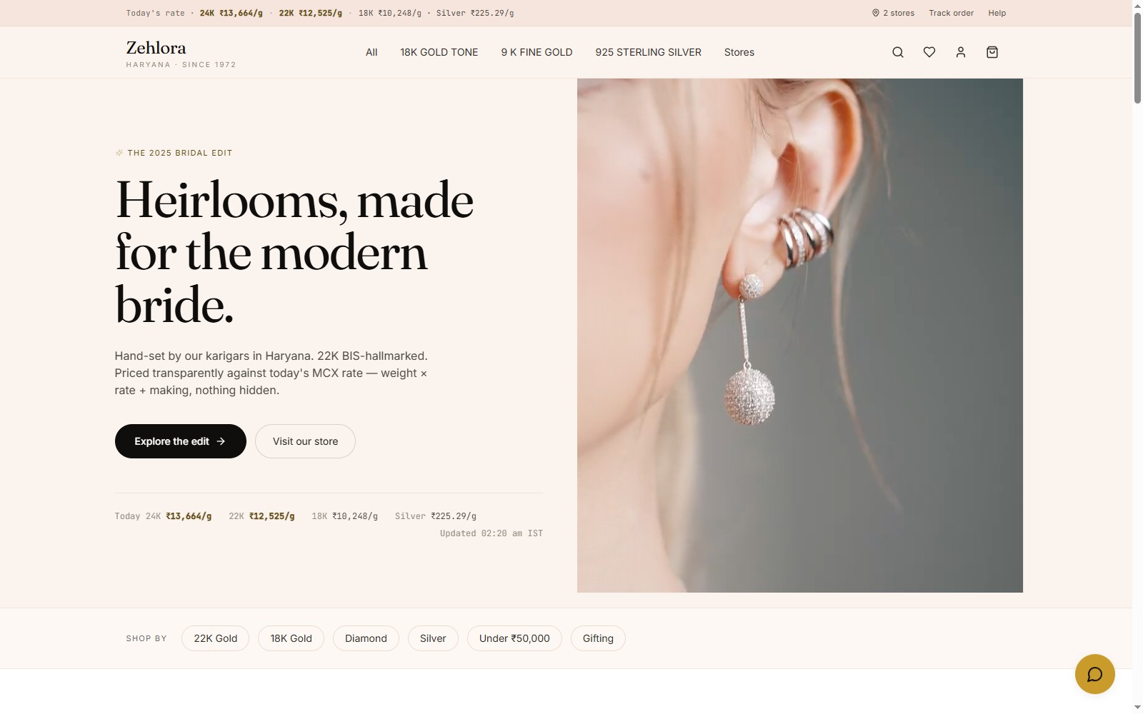 Zehlora — bridal jewellery storefront with live gold-rate pricing